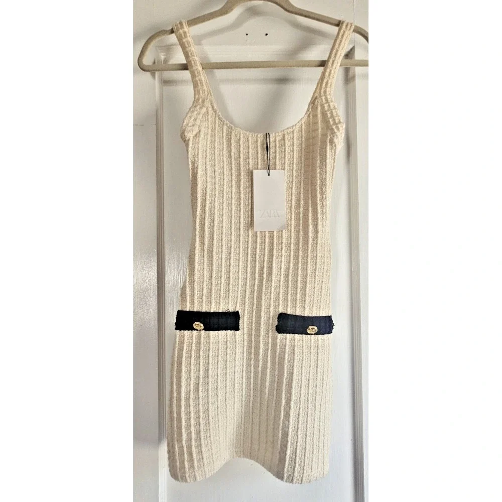 NWT ZARA cream knit tank dress gold buttons fake pockets womans S